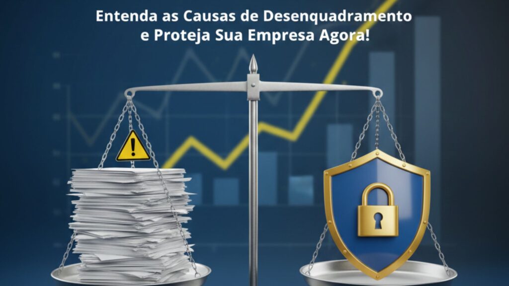 Ilustração ultrarrealista de uma balança de metal em equilíbrio sobre uma mesa de escritório. Em um prato, papéis e documentos acumulados representando burocracia e dívidas; no outro, um escudo metálico com o logotipo da Souza Organiza simbolizando proteção empresarial. Ao fundo, um gráfico financeiro azul com uma seta ascendente indicando crescimento sustentável.