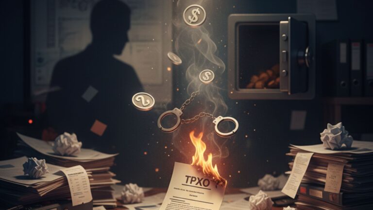 Ilustração conceitual sobre riscos fiscais e desorganização documental, mostrando papéis em chamas, algemas simbólicas e moedas flutuando, representando as consequências graves da má gestão de documentos para PMEs.