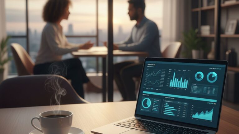 Fotografia ultrarrealista de mesa de escritório com café, notebook exibindo dashboards financeiros e bússola dourada, simbolizando a contabilidade consultiva e estratégica da Souza Organiza