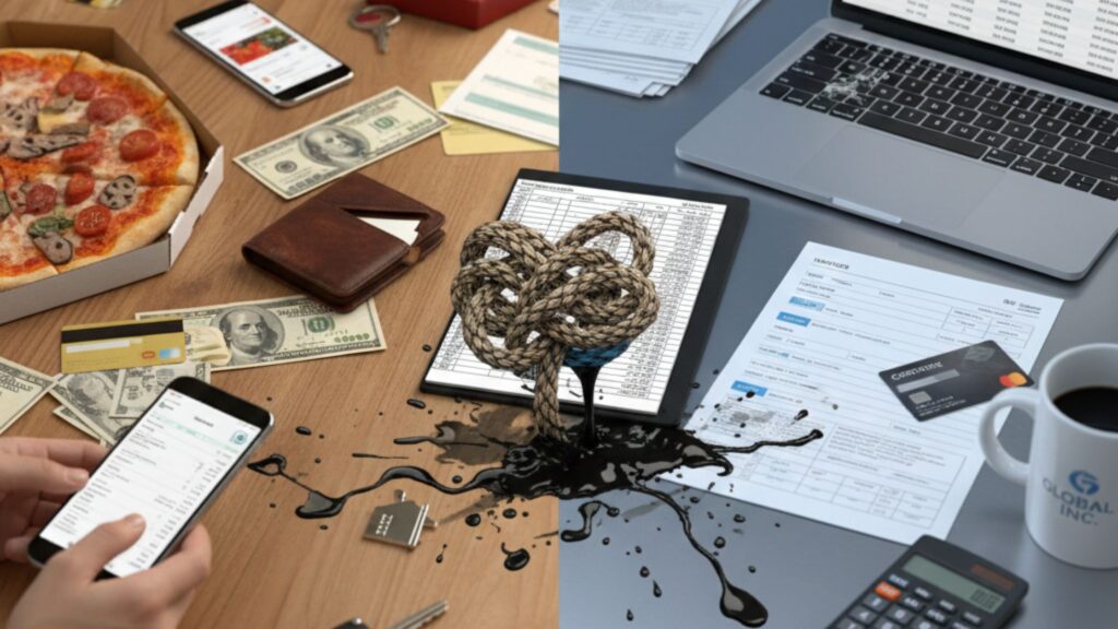 Imagem ultrarrealista de líquidos azul e dourado misturando-se de forma caótica em um copo sobre uma mesa de escritório, cercado por cartões de crédito e documentos empresariais, representando a confusão patrimonial entre contas físicas e jurídicas.