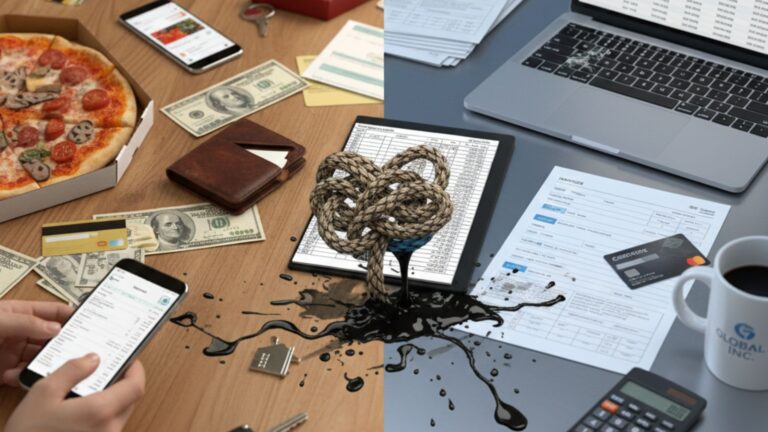 Imagem ultrarrealista de líquidos azul e dourado misturando-se de forma caótica em um copo sobre uma mesa de escritório, cercado por cartões de crédito e documentos empresariais, representando a confusão patrimonial entre contas físicas e jurídicas.