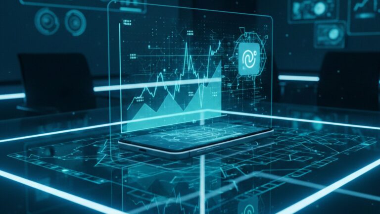 Interface digital holográfica em tons de azul neon saindo de um smartphone, exibindo gráficos de crescimento e ícone de transação instantânea em ambiente tecnológico.