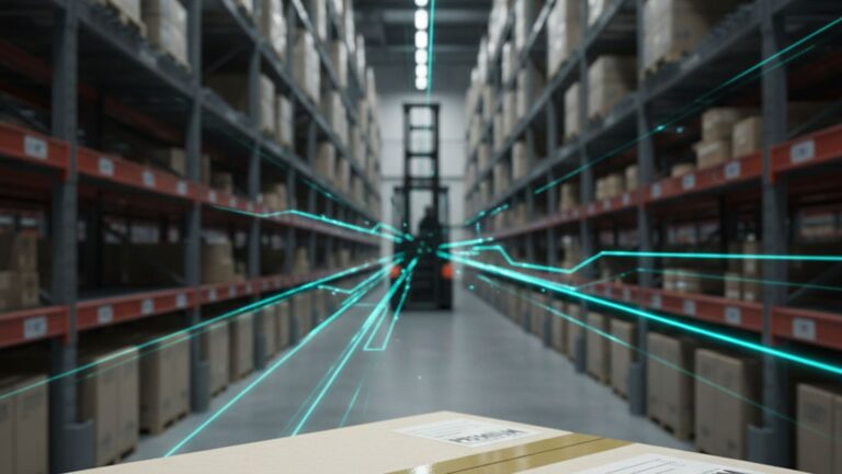 Visão em perspectiva de um corredor de armazém logístico com prateleiras altas repletas de caixas. Linhas de dados digitais em neon turquesa cruzam o ar em direção ao fundo, onde se vê o vulto de uma empilhadeira. Em primeiro plano, o topo de uma caixa de papelão selada. A imagem representa a integração tecnológica e o fluxo de mercadorias no setor de distribuição.