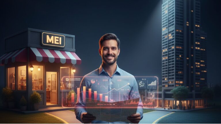 Um homem sorridente segura um painel holográfico de gráficos financeiros em uma bifurcação. À esquerda, uma pequena loja com a placa "MEI"; à direita, um arranha-céu moderno iluminado com o logo "Souza Organiza" no topo. A imagem simboliza a transição segura do MEI para uma empresa de maior porte através da clareza financeira.