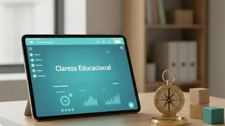 Um tablet posicionado sobre uma mesa de madeira clara exibe a frase "Clareza Educacional" em uma tela azul turquesa com gráficos de gestão. Ao lado do tablet, há uma bússola dourada, blocos de madeira pedagógicos e uma estante de livros ao fundo. A imagem simboliza a orientação estratégica necessária para escolas navegarem na Reforma Tributária de 2025.