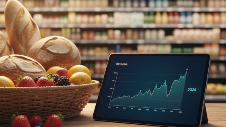 Uma cesta de vime com pães artesanais, morangos e frutas frescas sobre uma mesa de madeira. Ao lado, um tablet exibe um gráfico de crescimento de receita (Revenue) com o ano 2025 em destaque. Ao fundo, prateleiras de um supermercado ou empório levemente desfocadas, simbolizando a gestão financeira no varejo de alimentos.