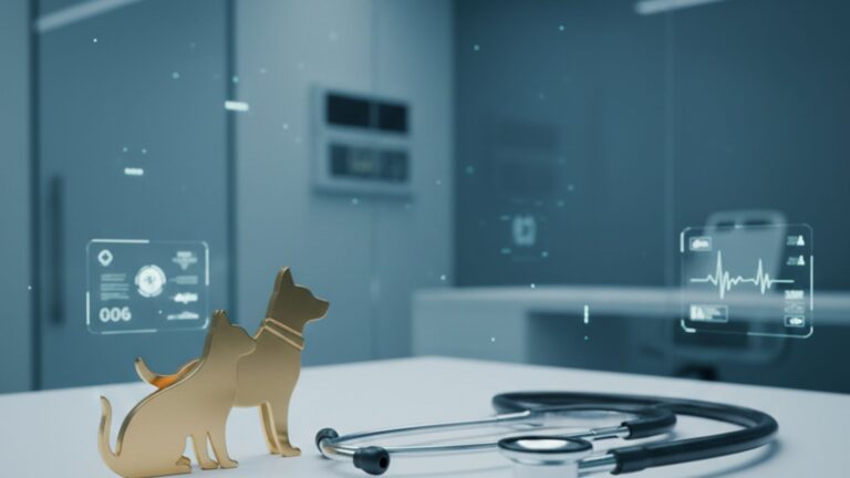 Uma mesa de consultório médico com um estetoscópio em primeiro plano. Ao lado, pequenas esculturas douradas de um cão e um gato. No ar, flutuam telas holográficas com dados de batimentos cardíacos e indicadores financeiros, simbolizando a fusão entre o cuidado animal e a gestão de dados em clínicas veterinárias
