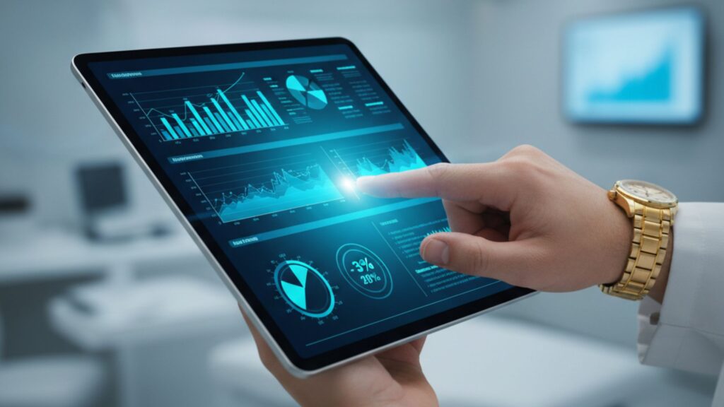 Close-up das mãos de um profissional de saúde, usando jaleco branco e relógio dourado, operando um tablet com gráficos financeiros avançados em tons de azul neon. Ao fundo, um ambiente de clínica ou consultório levemente desfocado. A imagem transmite tecnologia, precisão e controle financeiro no setor médico.