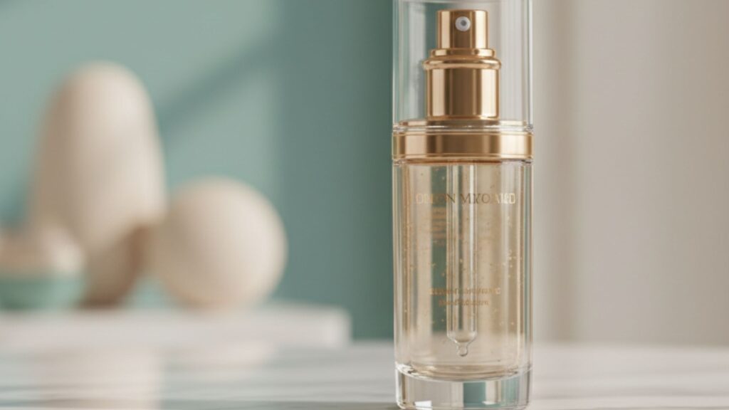 Frasco de sérum de luxo com detalhes dourados em ambiente de spa sofisticado com tons de teal e creme.